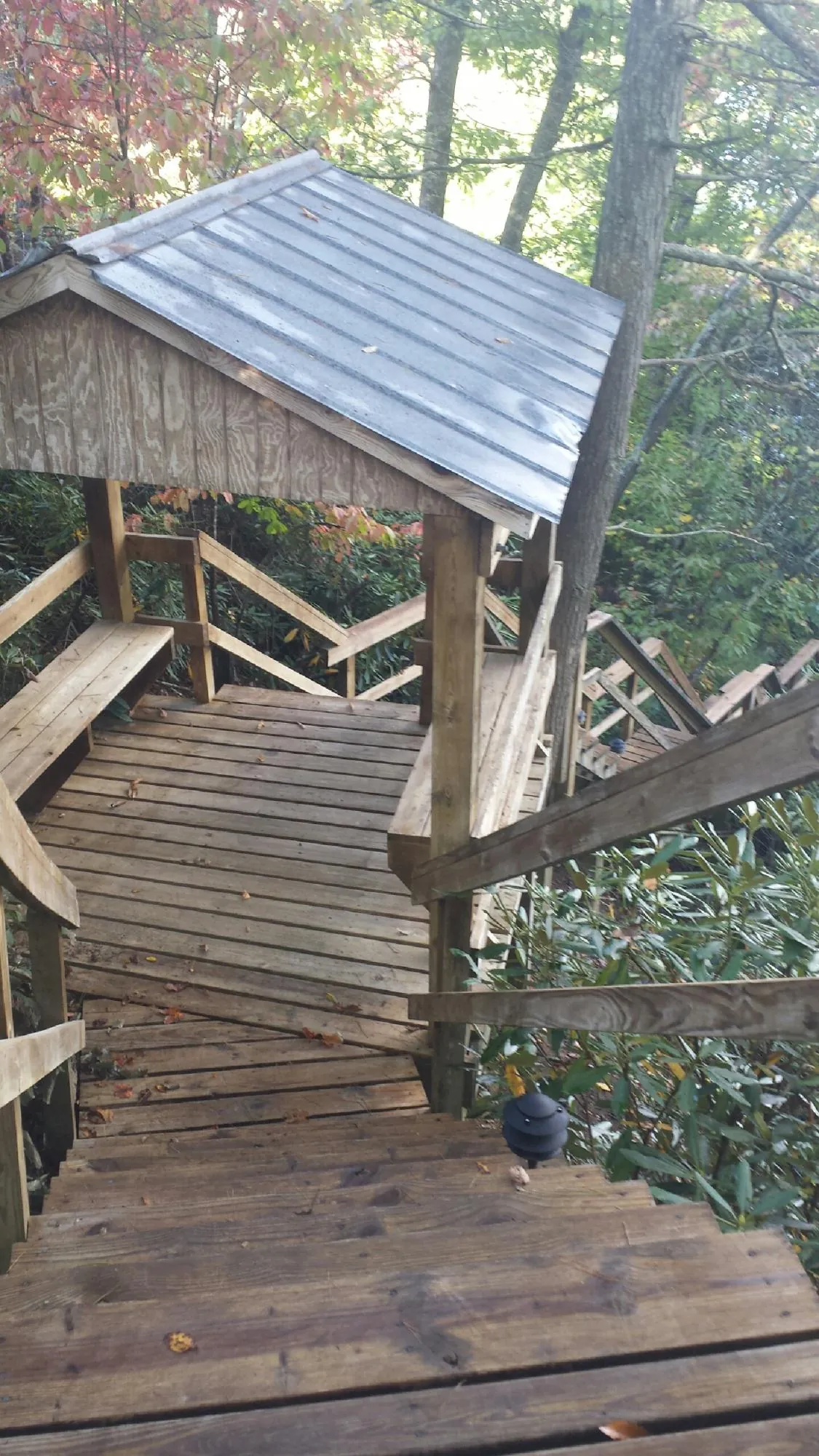 Metal roofed shelter over wooden steps on a wooded walkway — Skylight Repair & Installation work by our crew in Camilla